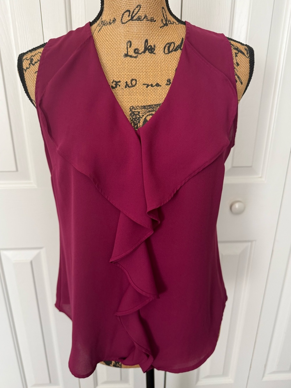 WHBM Magenta Sleeveless Ruffle V-Neck Top